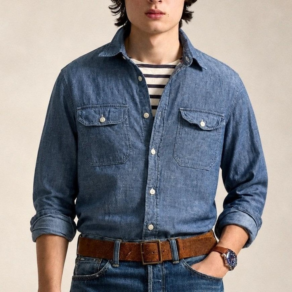 Y2K Ralph Lauren Denim & Supply Chambray Workshirt Men S Blue 100% Cotton Lined